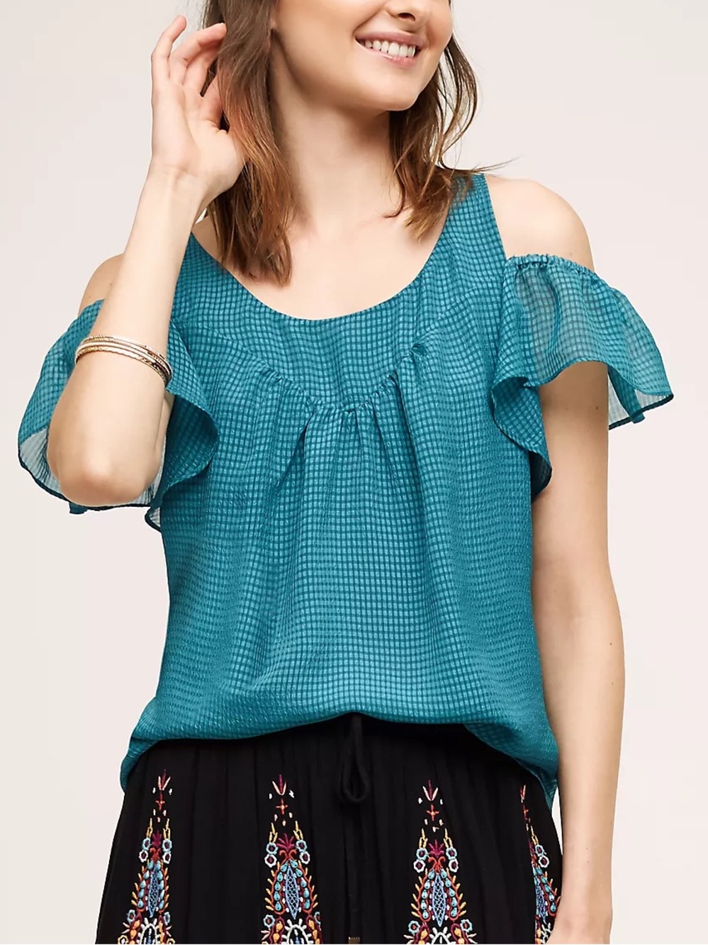 Maeve - Women’s Teal Cold-Shoulder Ruffle Top Size 6 M/L